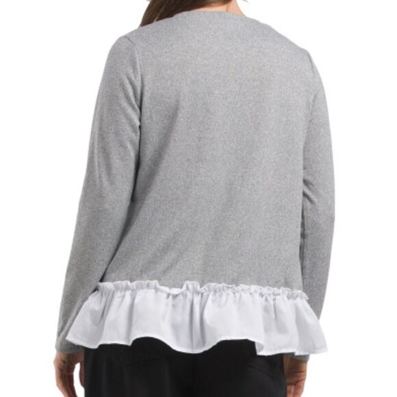 Robert Louis Soft Long Sleeve Asymmetrical Ruffle Hem Top Gray White L NWT - Picture 3 of 11